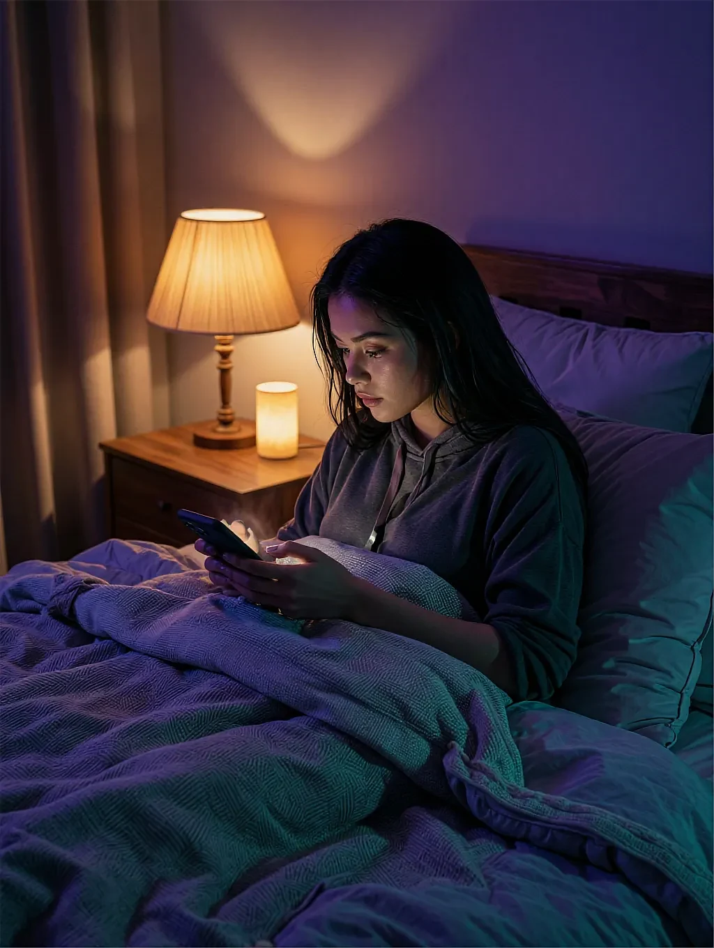 Fictional AI character reading in bed by lamplight under dark blue covers