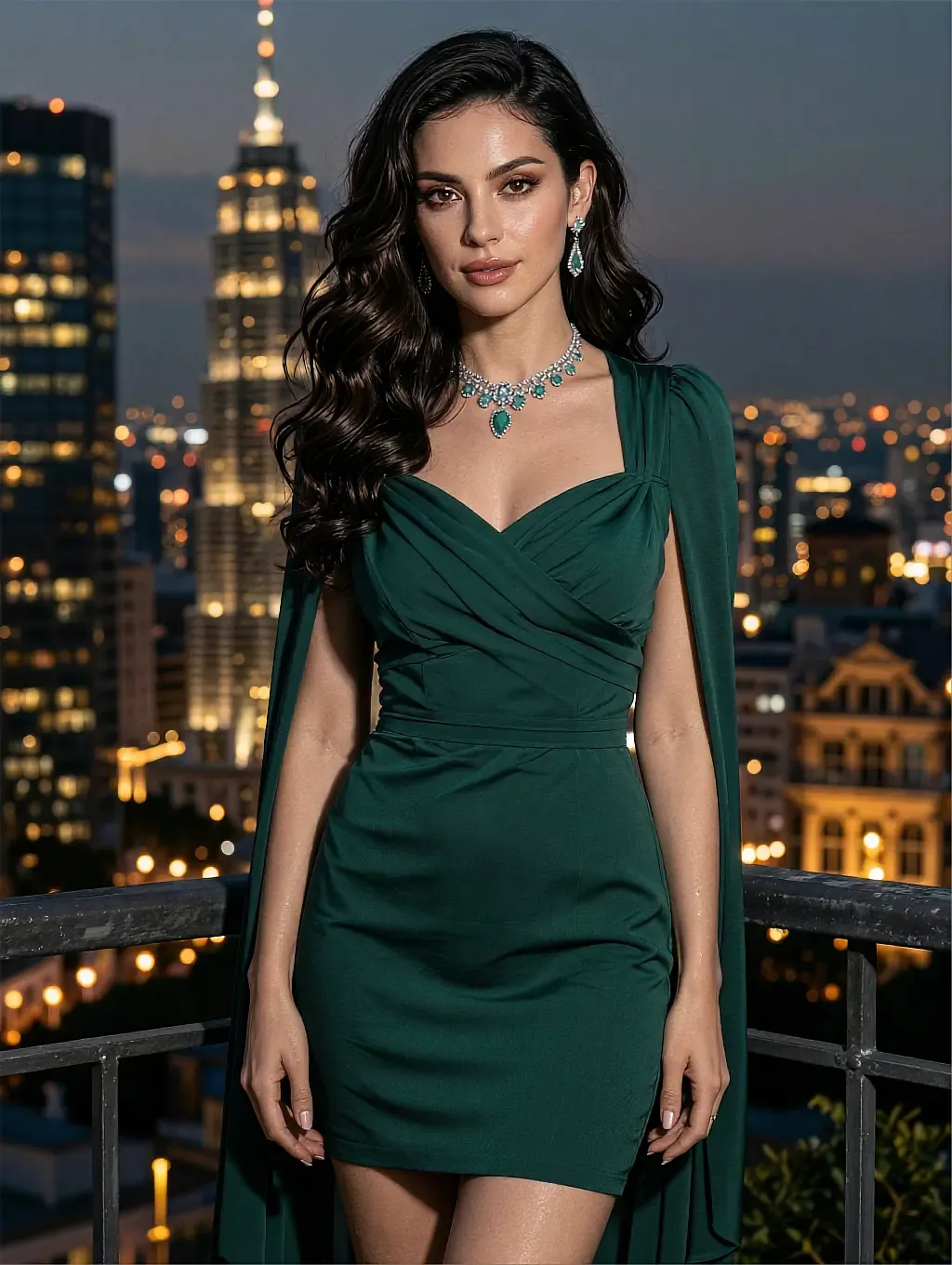 Fictional AI character in an emerald dress on a rooftop terrace, skyline lit behind her