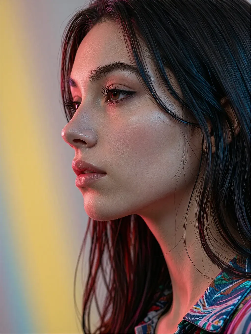 Profile portrait of a fictional AI character with damp hair in warm and cool split lighting