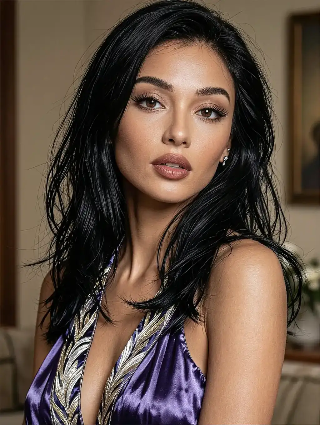 Fictional AI character in a purple satin slip with feather embroidery, indoors in the evening